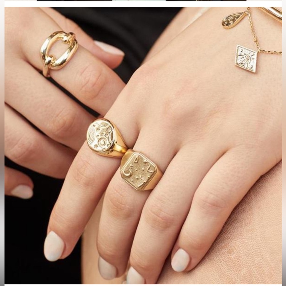 Wanderlust + Co 🌙 18K Gold Over S925, Adjustable “Orbit Signet” Ring - Picture 3 of 9
